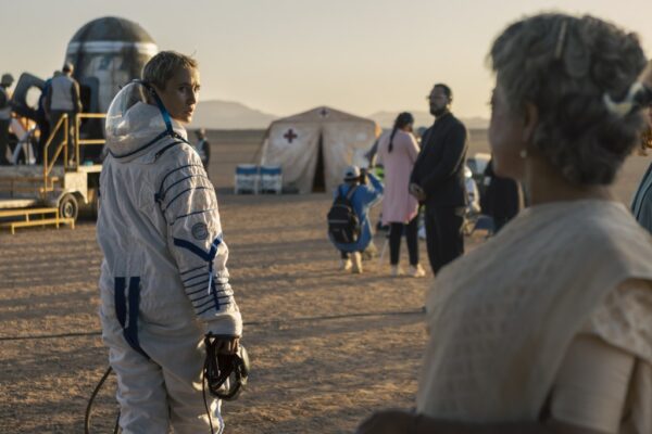 Peri Baumeister as Paula Groth, Sheeba Chaddha as Benisha Mudhi and Katharina Schüttler as Nora on the set of Das Signal, Courtesy of Netflix 2023